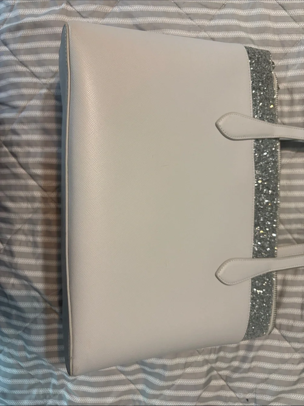 kate spade White Tote with Silver Glitter Trim